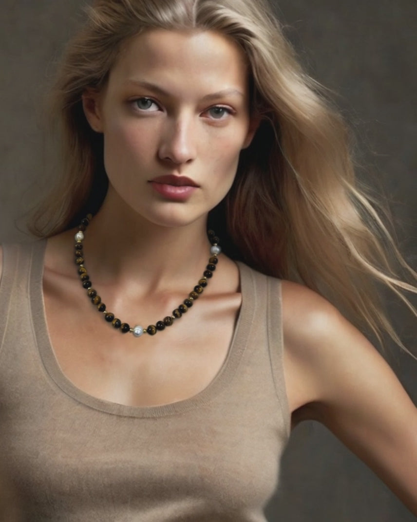 Load video: Tiger's Eye Pearl Beaded Toggle Necklace