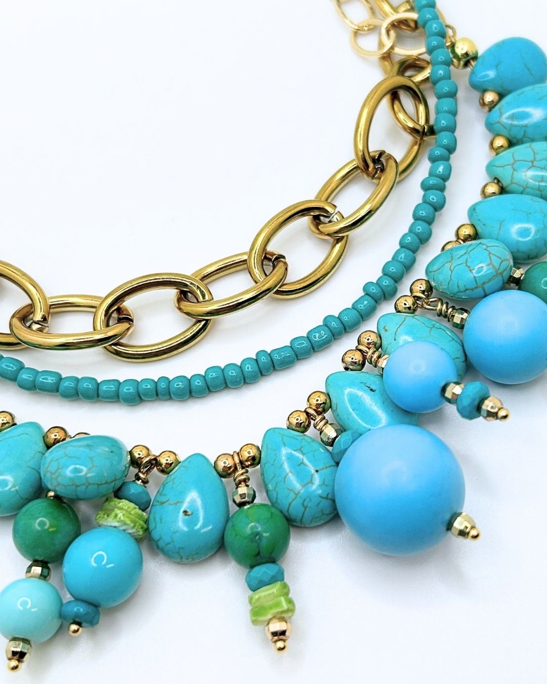 Multi-Strand Gold Tone Turquoise Colored Chunky Beaded Necklace