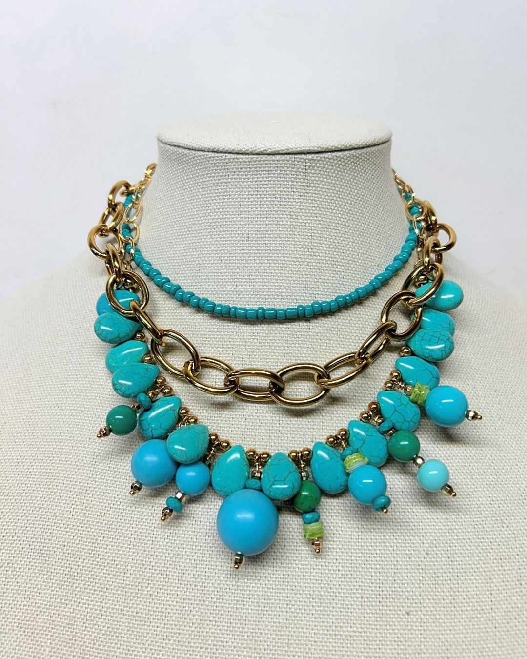 Multi-Strand Gold Tone Turquoise Colored Chunky Beaded Necklace