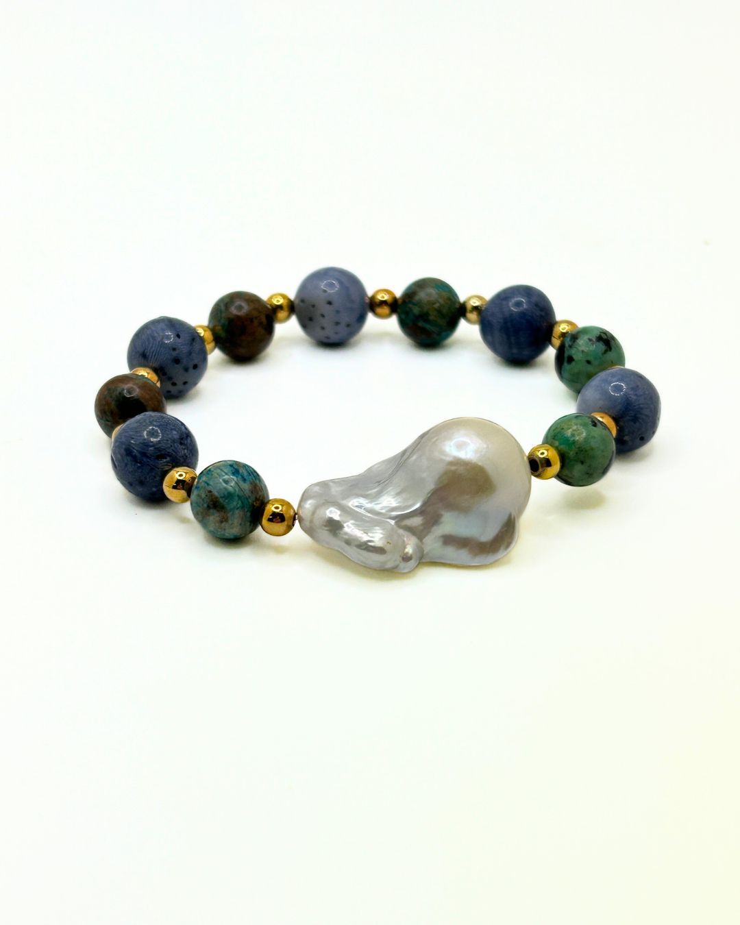 African Turquoise & Baroque Pearl Stretch Bracelet