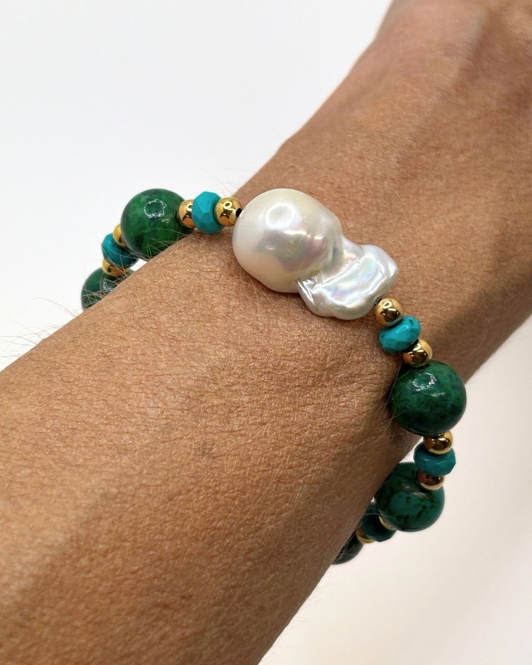 Genuine Turquoise and Baroque Pearl Stretch Bracelet