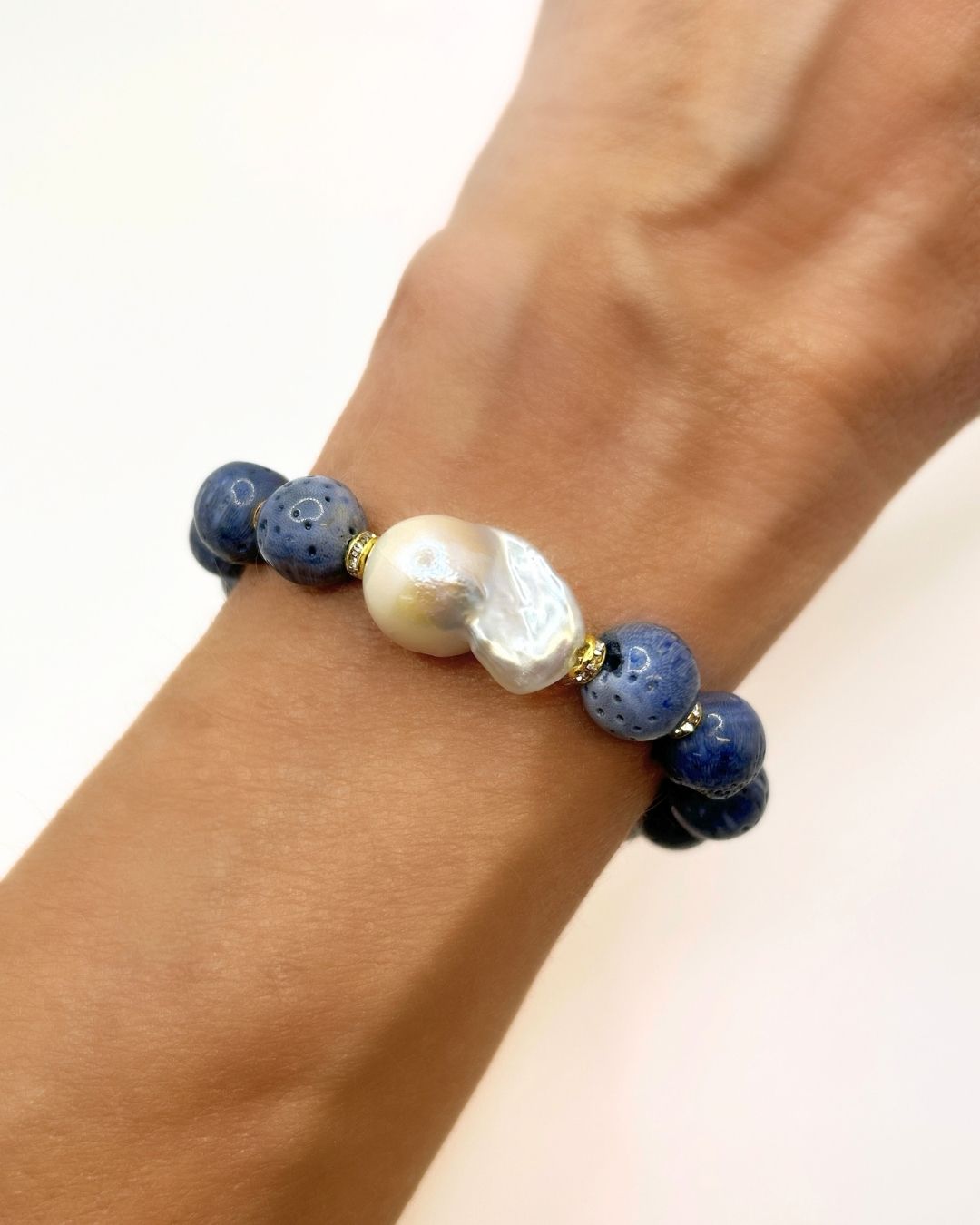 Blue Sponge Coral Baroque Pearl Stretch Bracelet