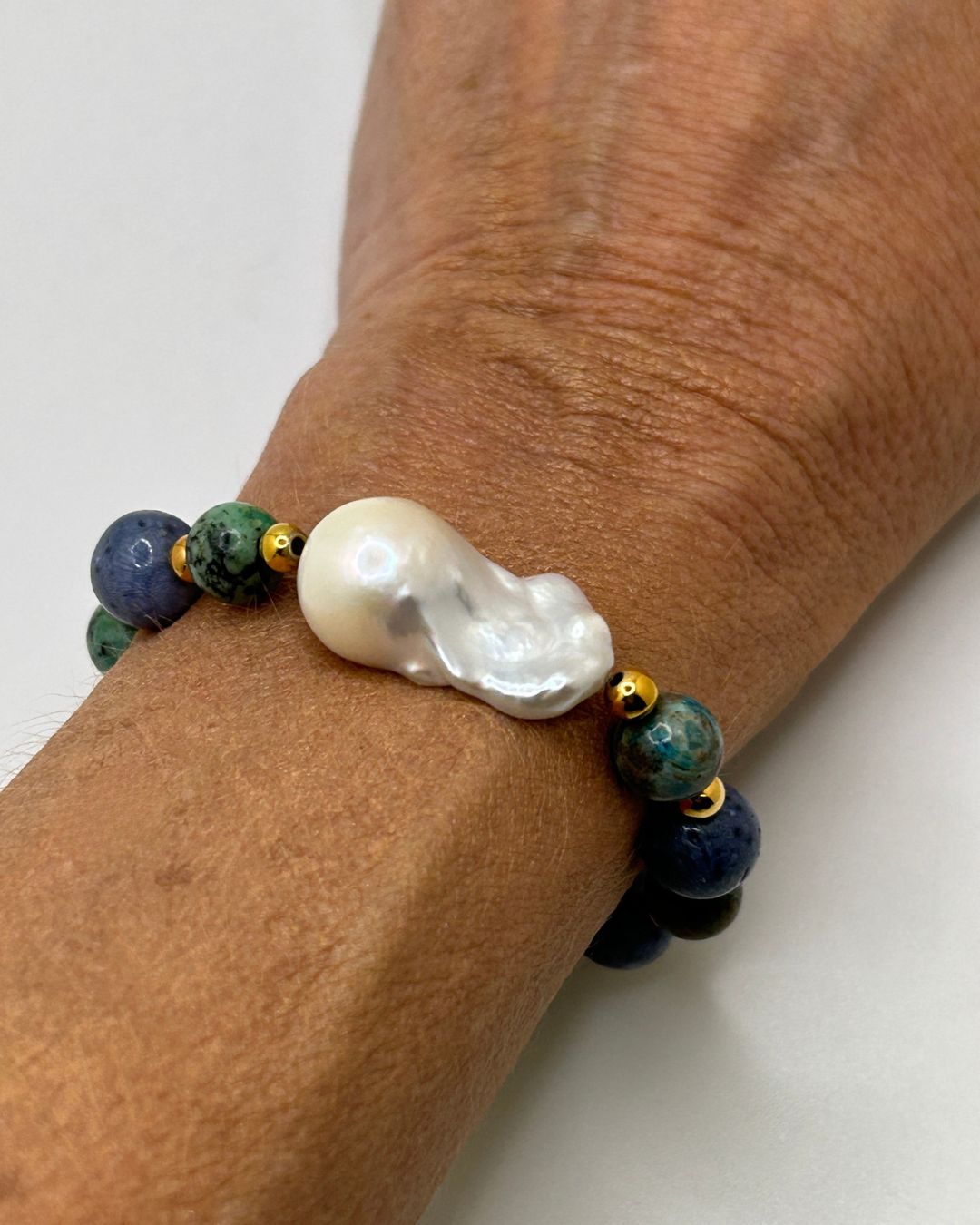 African Turquoise & Baroque Pearl Stretch Bracelet
