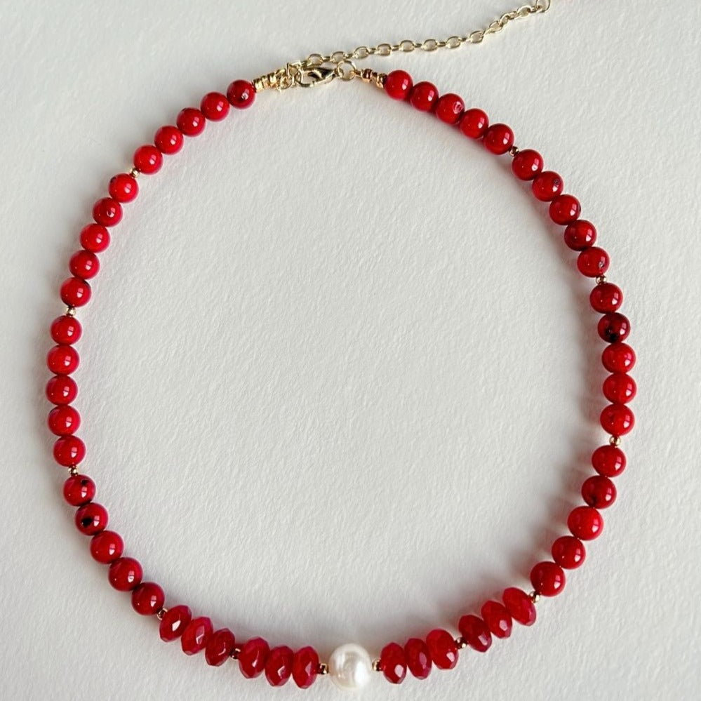 Red Coral and Pearl Collar Necklace