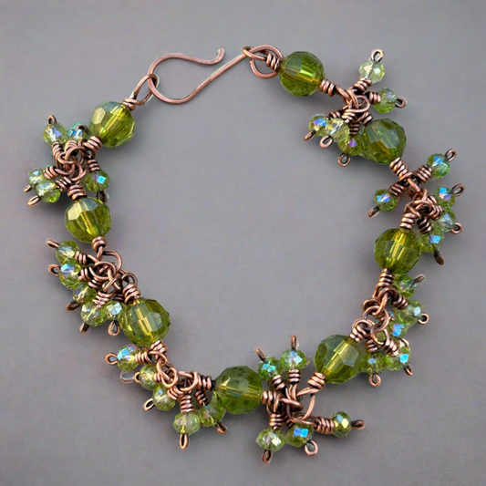 green crystal copper dangle bracelet