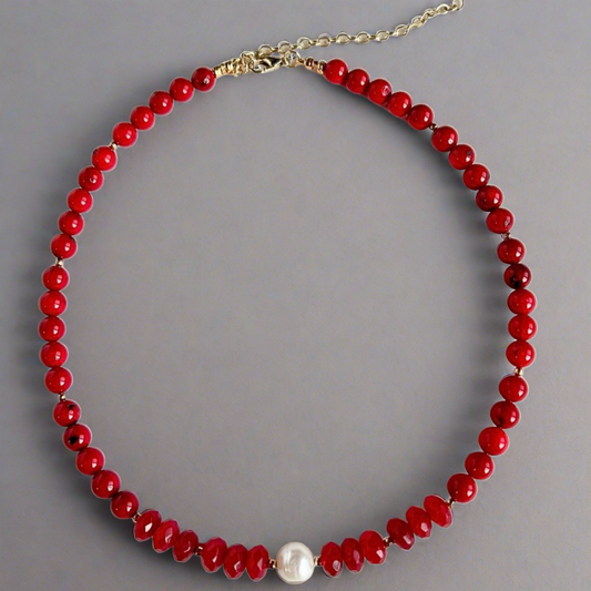 Red Coral and Pearl Collar Necklace