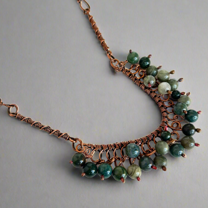 Moss Agate Copper Frame Beaded Necklace