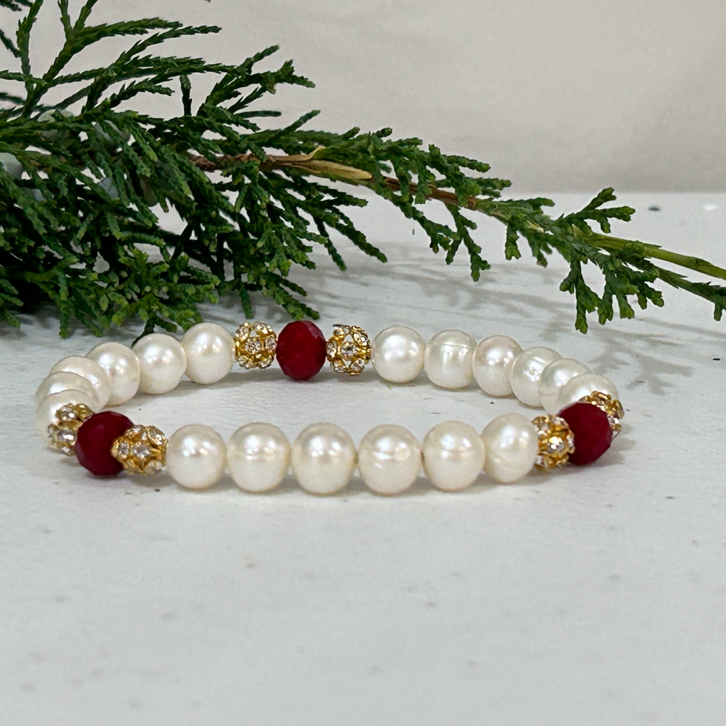 Freshwater Pearl Red Crystal Stretch Bracelet