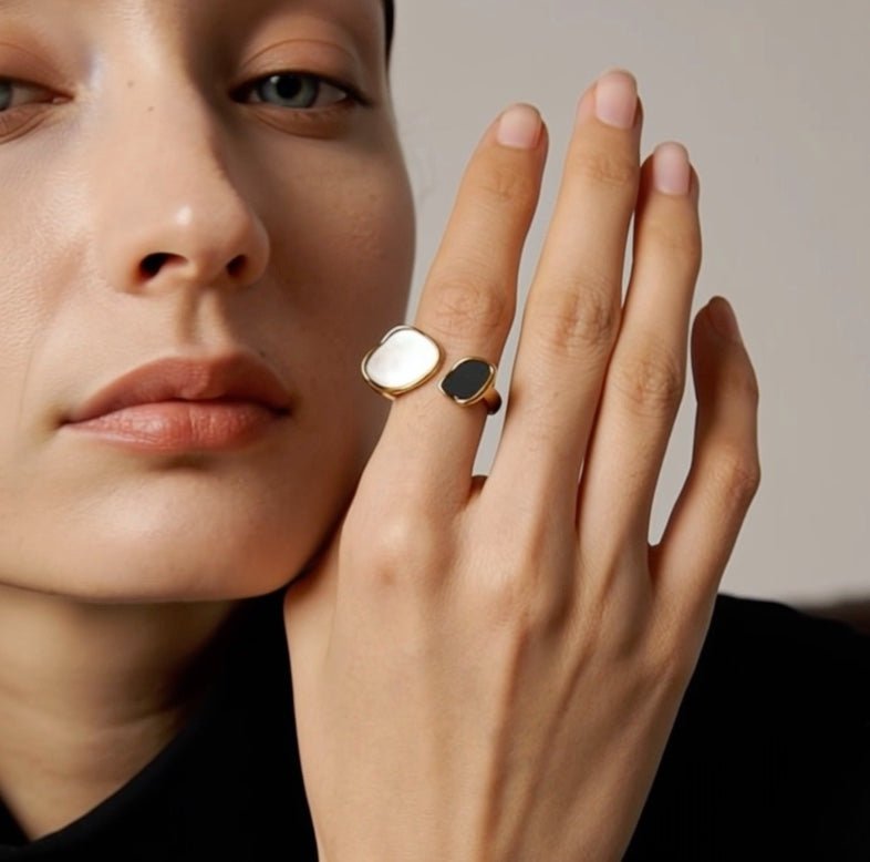 Black and White Mother of Pearl 18K Gold Plated Ring - T. Randall Jewelry