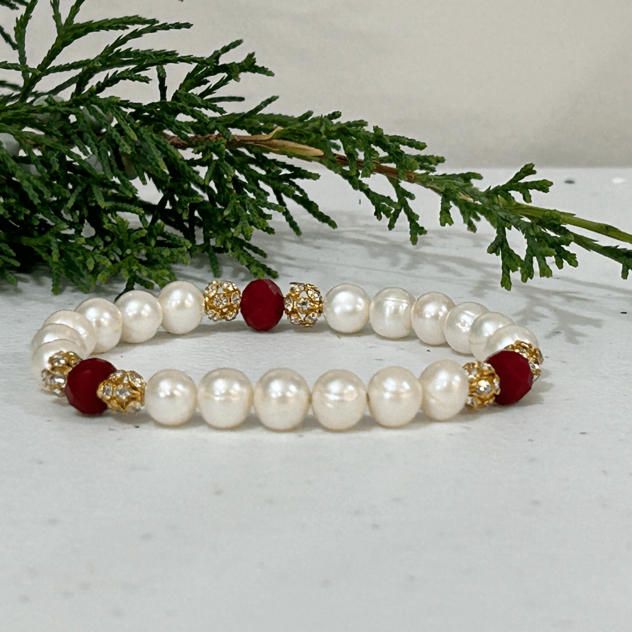Freshwater Pearl Red Crystal Stretch Bracelet - T. Randall Jewelry