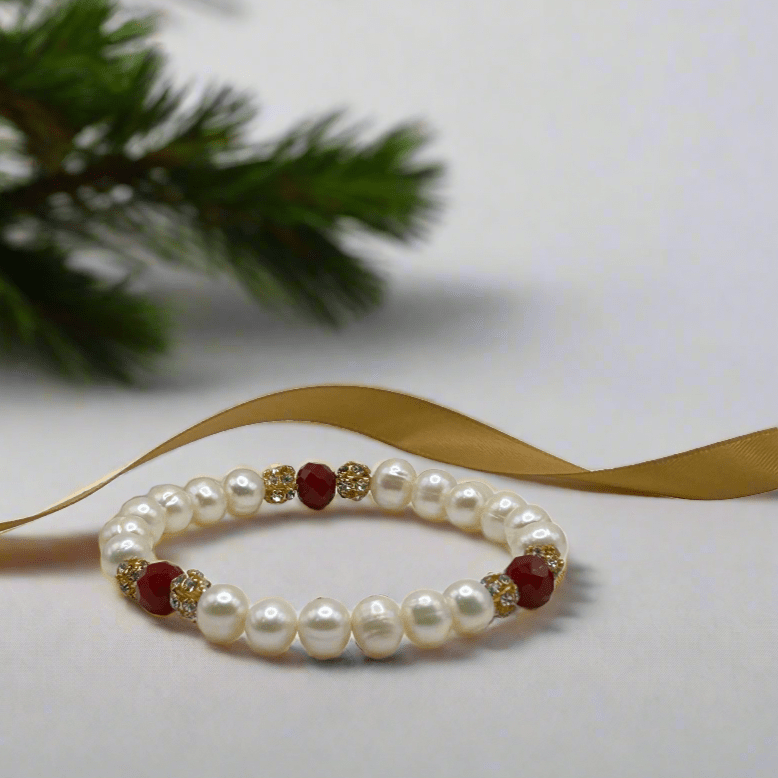 Freshwater Pearl Red Crystal Stretch Bracelet - T. Randall Jewelry