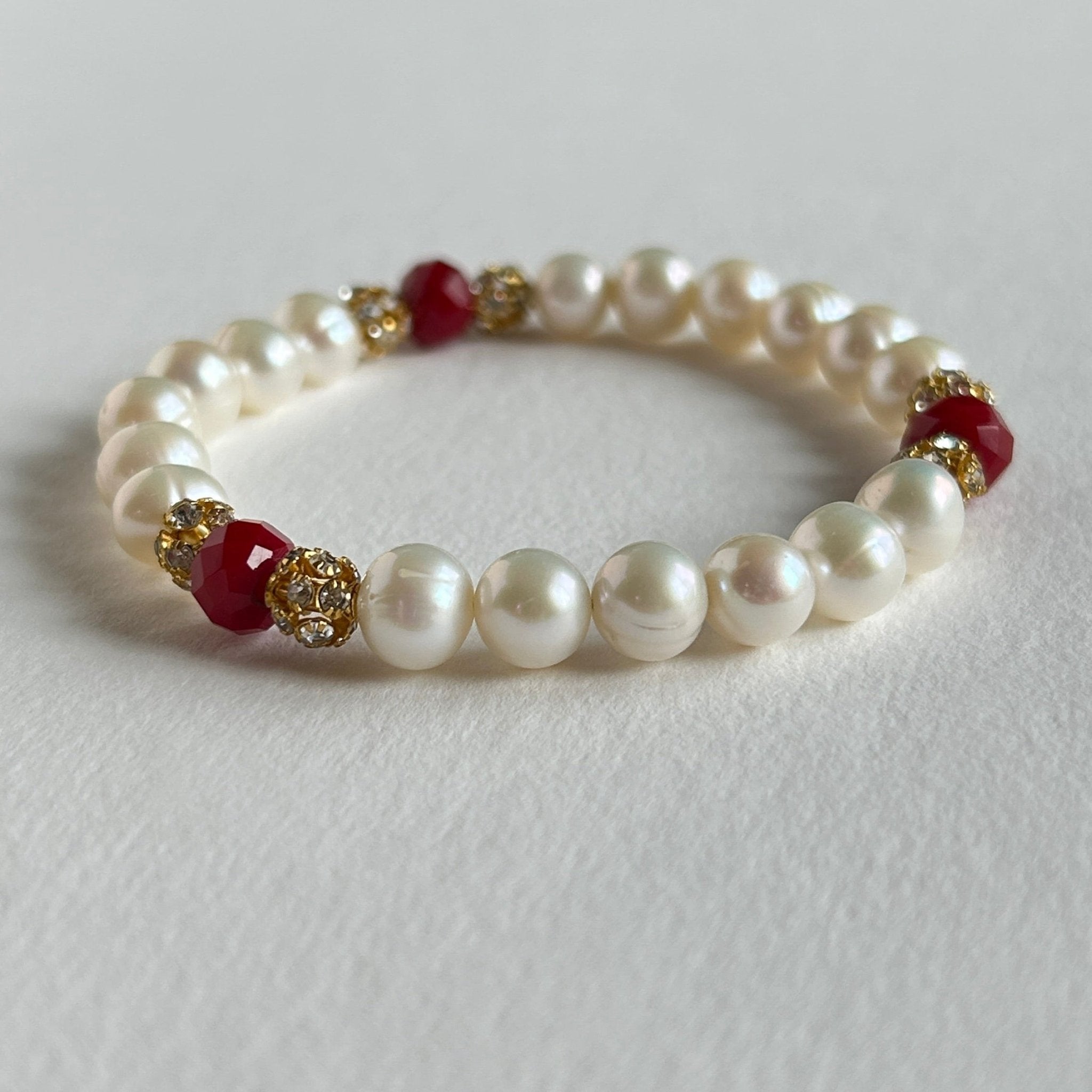 Freshwater Pearl Red Crystal Stretch Bracelet - T. Randall Jewelry