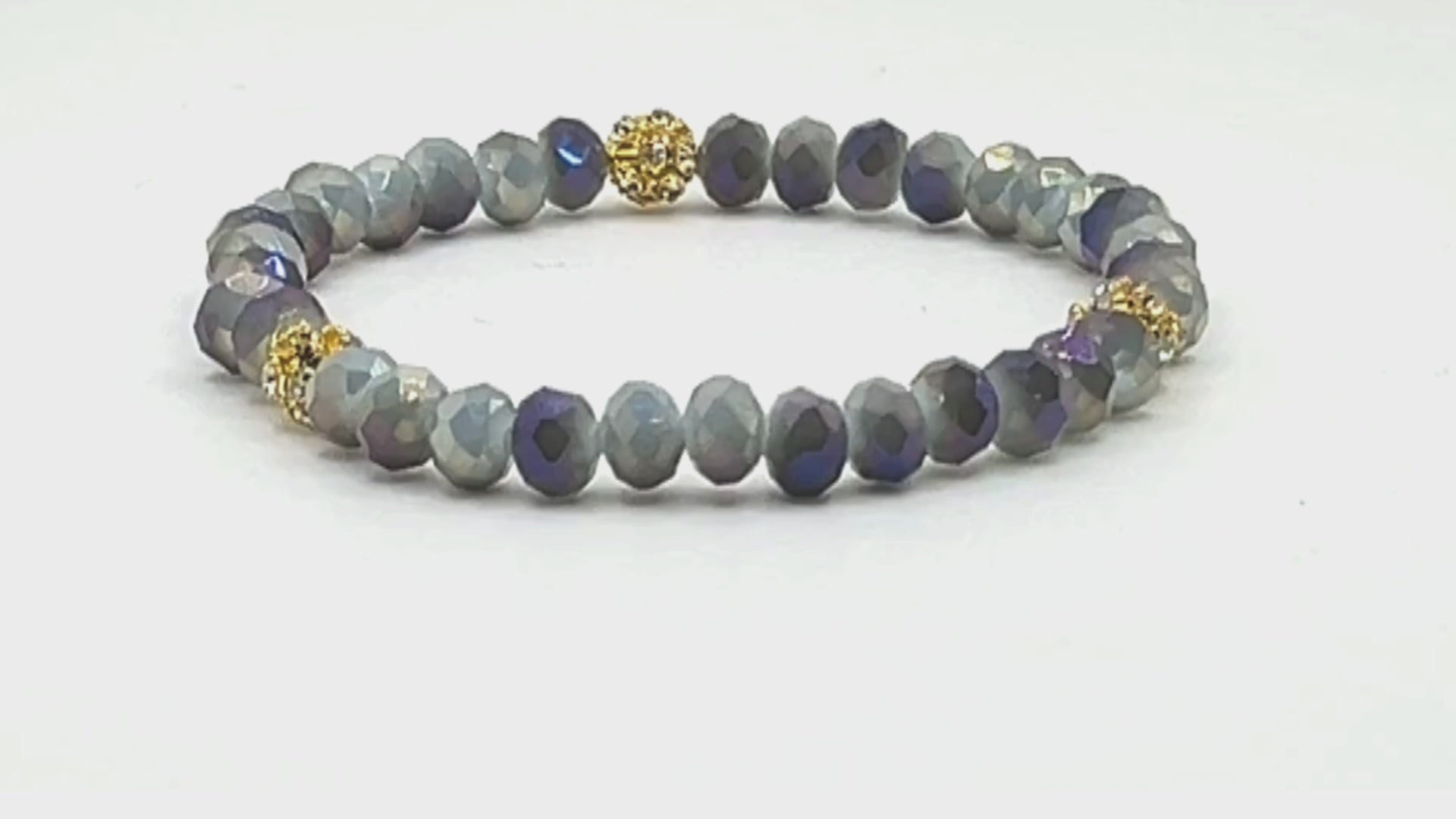 Load video: Blue Gold Crystal Beaded Stretch Bracelet