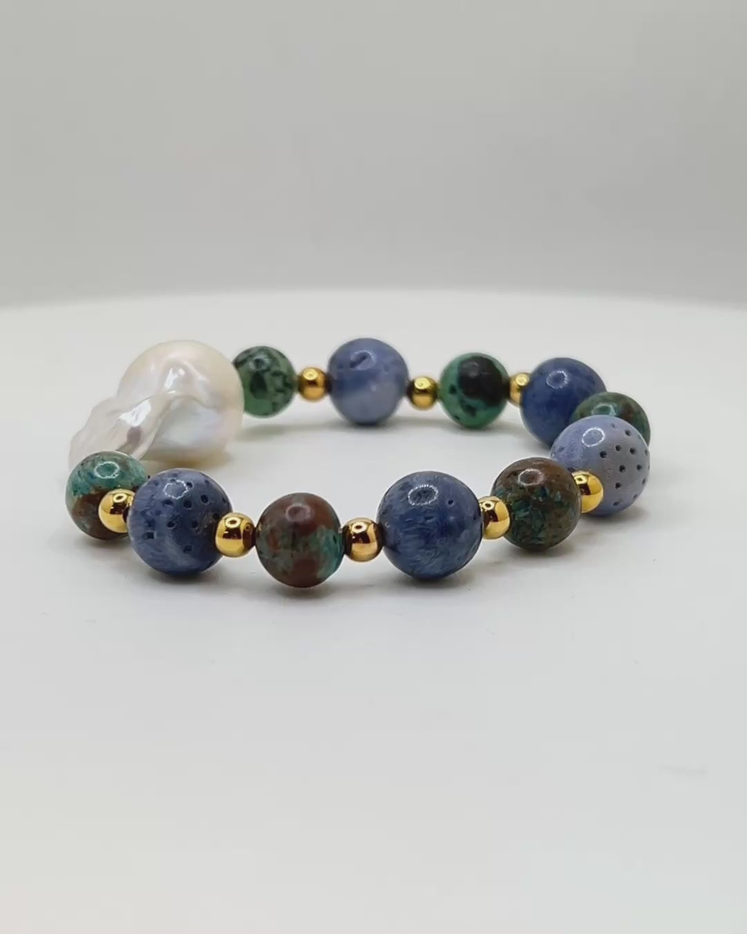Load video: African Turquoise &amp; Baroque Pearl Stretch Bracelet