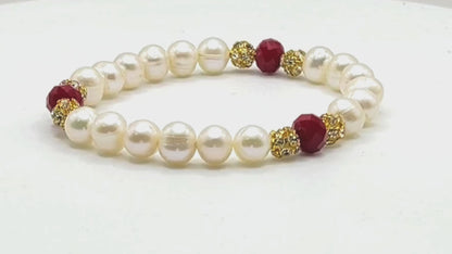 Freshwater Pearl Red Crystal Stretch Bracelet