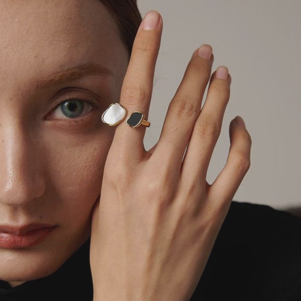 Load video: Black and White Mother of Pearl 18K Gold Plated Ring