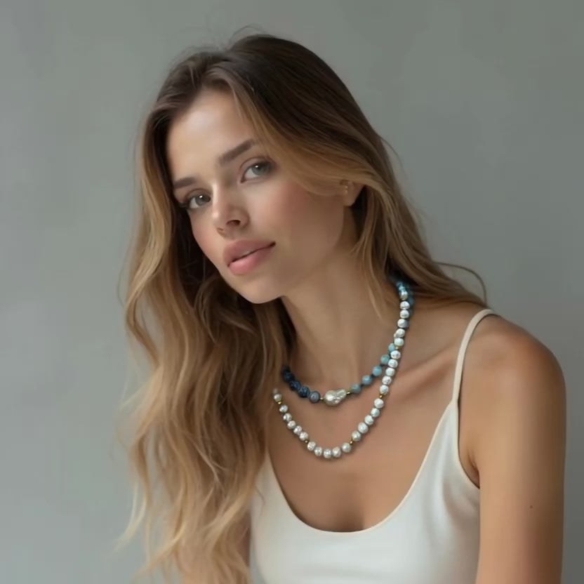 Load video: pearl hand knotted necklace on model