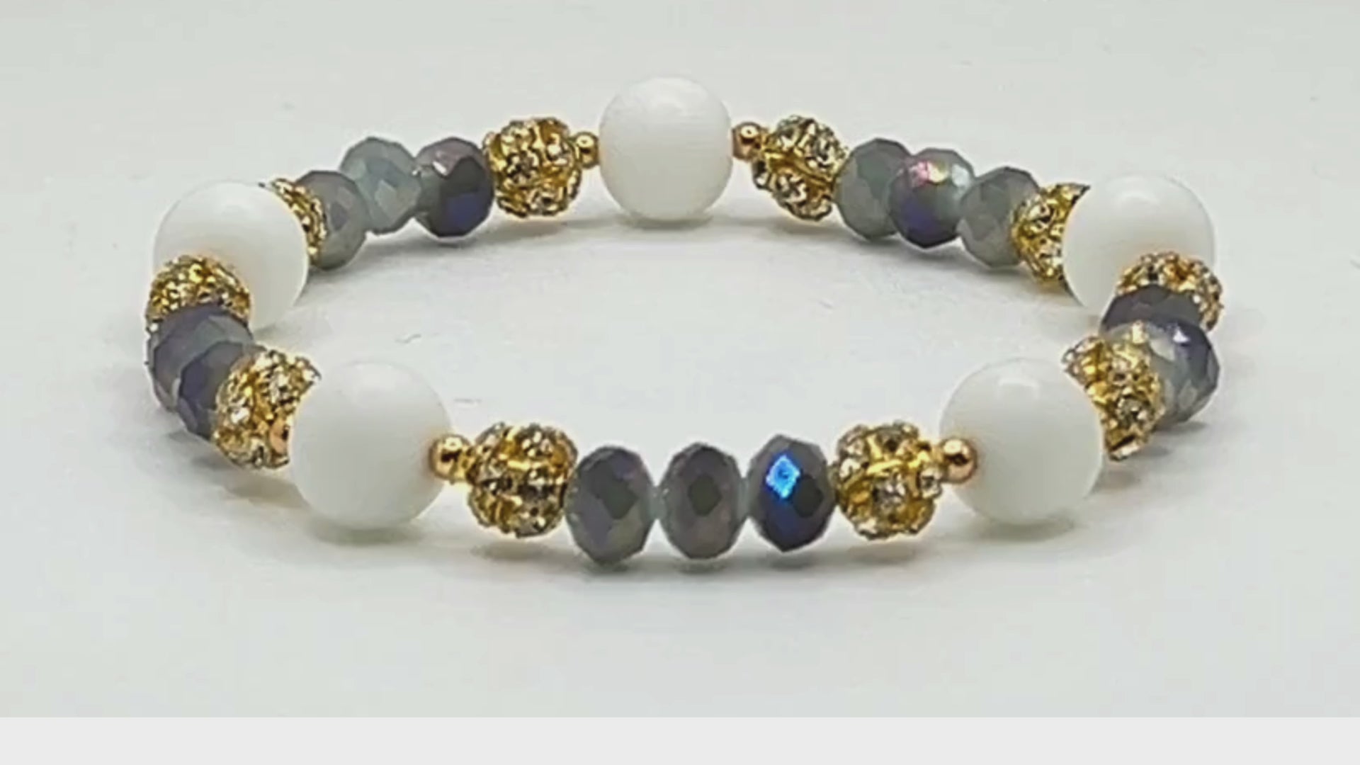 Load video: White Ware Blue Gold Crystal Beaded Stretch Bracelet