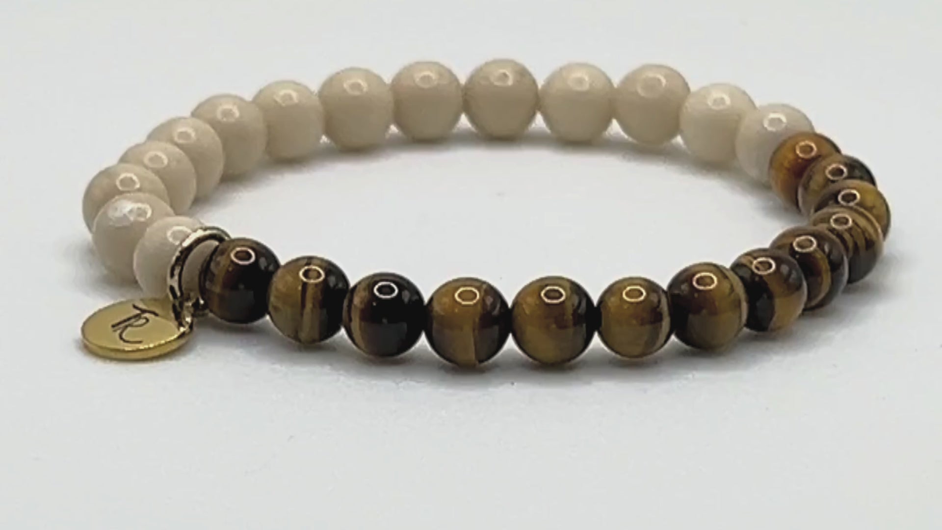 Load video: Riverstone Tiger&#39;s Eye Beaded  Stretch Bracelet