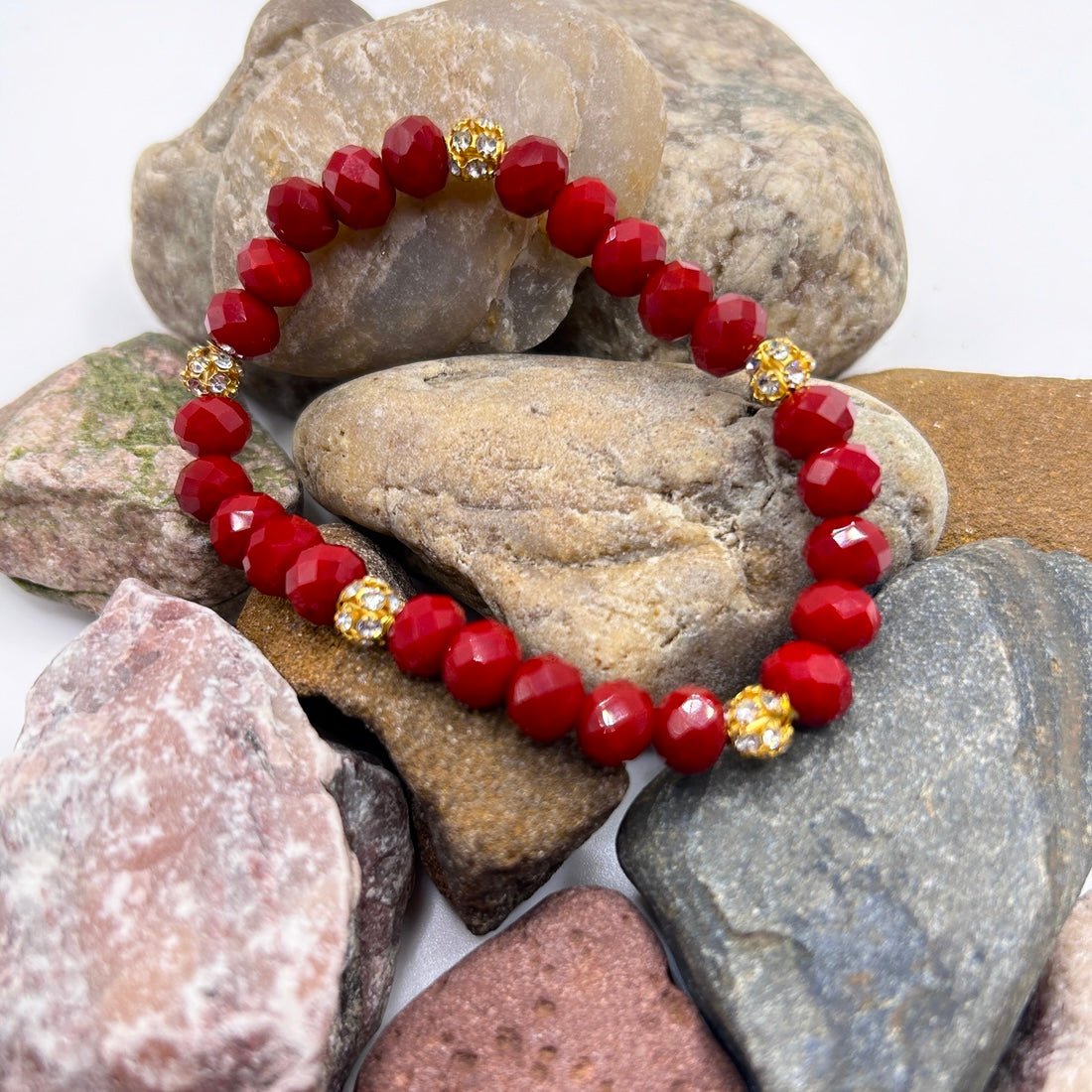 Red Crystal Gold Rhinestone Stretch Bracelet - T. Randall Jewelry