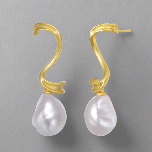 Sterling Silver Gold Plated Drop Pearl Swirl Earrings