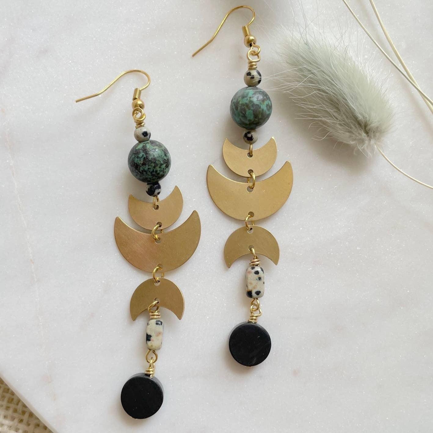 The Urbana Turquoise Brass Moon Phase Earring - T. Randall Jewelry